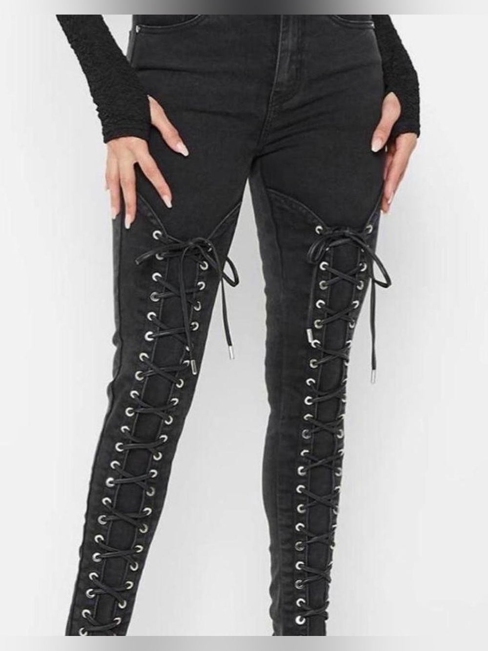 Maniere De Voir Lace Up Skinny Jeans Black